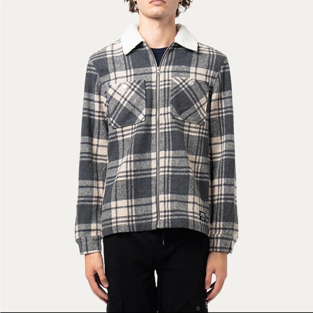 WeSC Liam OG Plaid Shirt‎ Jacket Mens L Womens XL Black White Sherpa Zip Shacket